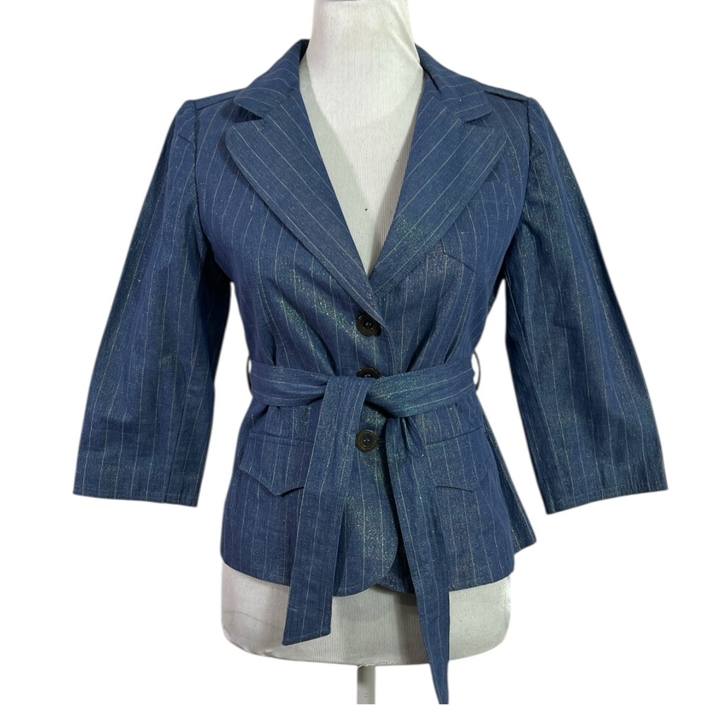 Jazmin Chebar Pin Stripe Blue Sparkle Blazer With Belt Size 3/ Small